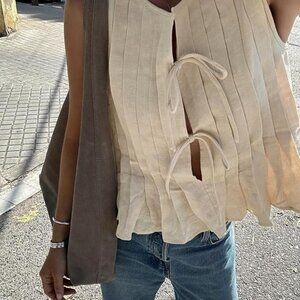Sleeveless Linen Blend Tank Top - Off White/Taupe